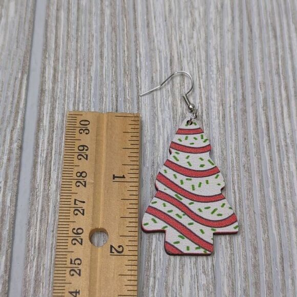 Womens Wooden Christmas Tree Cake Earrings Red White Green 2" Tall - Picture 4 of 4